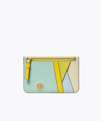 Tory Burch Walker Patchwork Top-Zip Card Case, Mint Chip