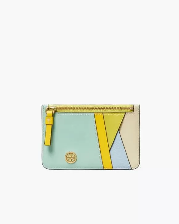 Tory Burch Walker Patchwork Top-Zip Card Case, Mint Chip