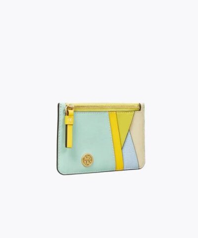 Tory Burch Walker Patchwork Top-Zip Card Case, Mint Chip