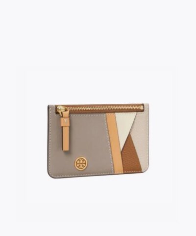 Tory Burch Walker Patchwork Top-Zip Card Case, Longan