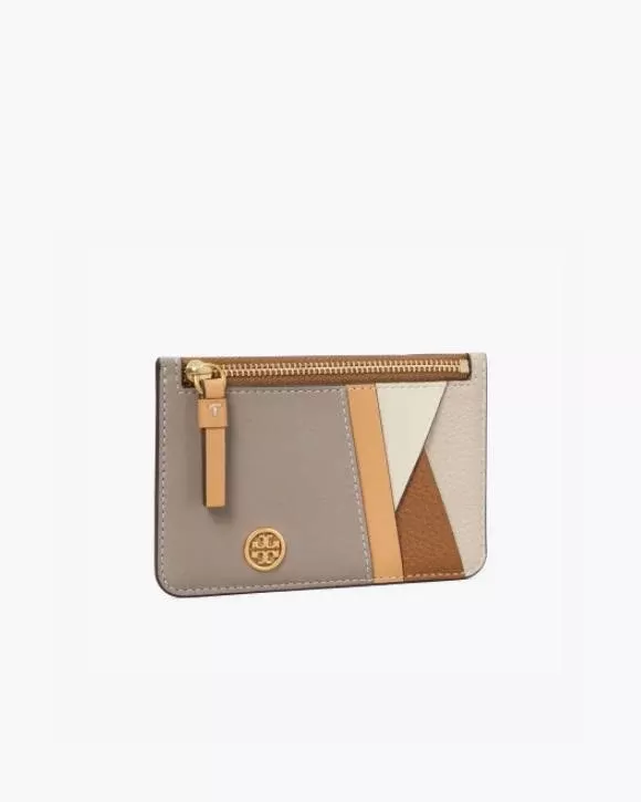 Tory Burch Walker Patchwork Top-Zip Card Case, Longan