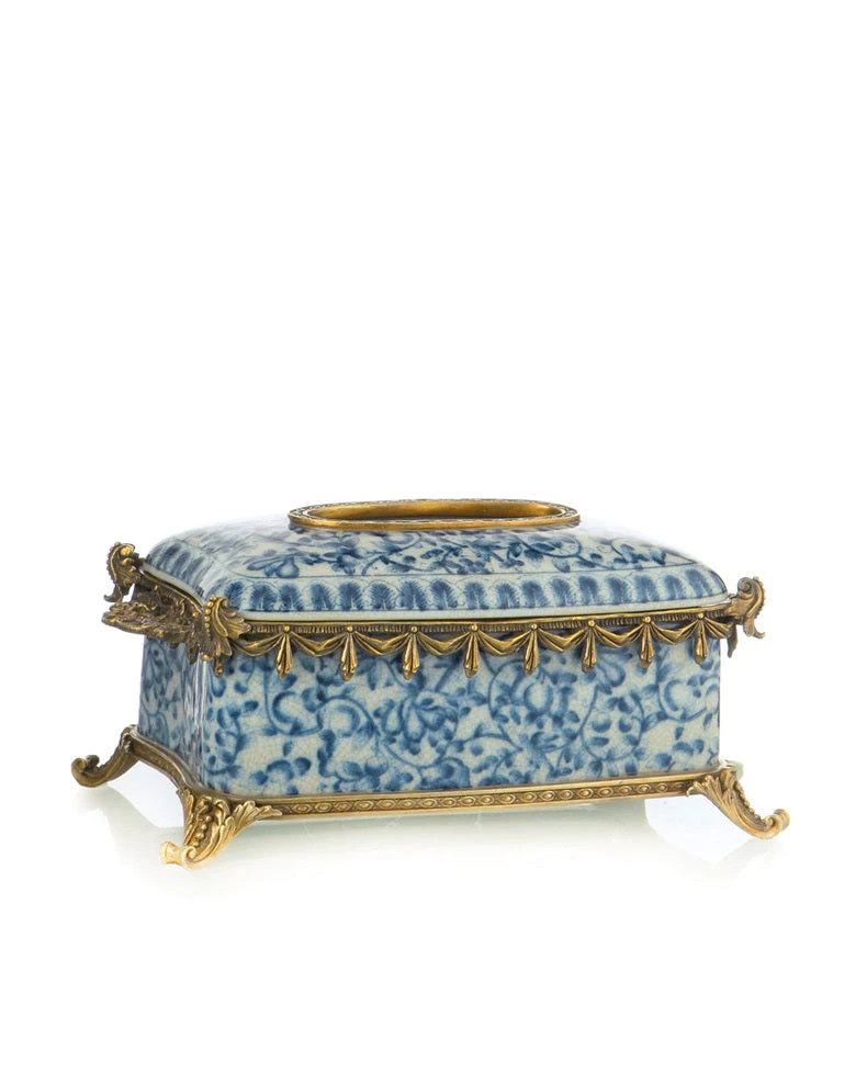 DG Boutique Blue and White Antique Brass Tissue Box Cover