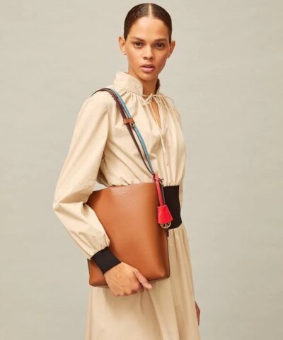 Tory Burch Perry Leather Bucket Bag, Light Umber