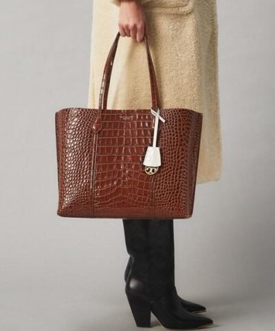 Tory Burch Perry Embossed Triple-Compartment Tote Bag, Brown