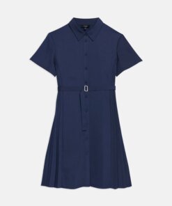 Theory Pleated Short-Sleeve Shirtdress in Satin Crepe
