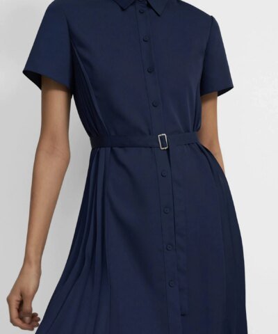 Theory Pleated Short-Sleeve Shirtdress in Satin Crepe
