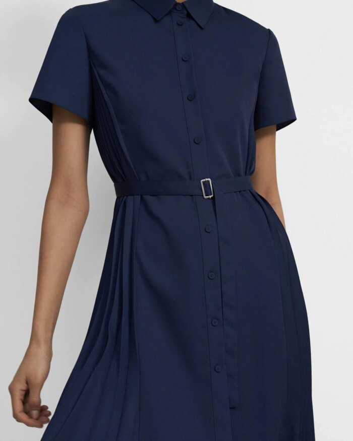 Theory Pleated Short-Sleeve Shirtdress in Satin Crepe