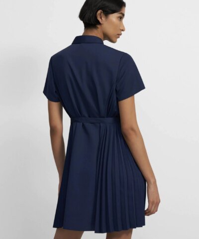 Theory Pleated Short-Sleeve Shirtdress in Satin Crepe