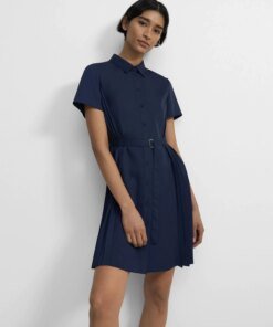 Theory Pleated Short-Sleeve Shirtdress in Satin Crepe