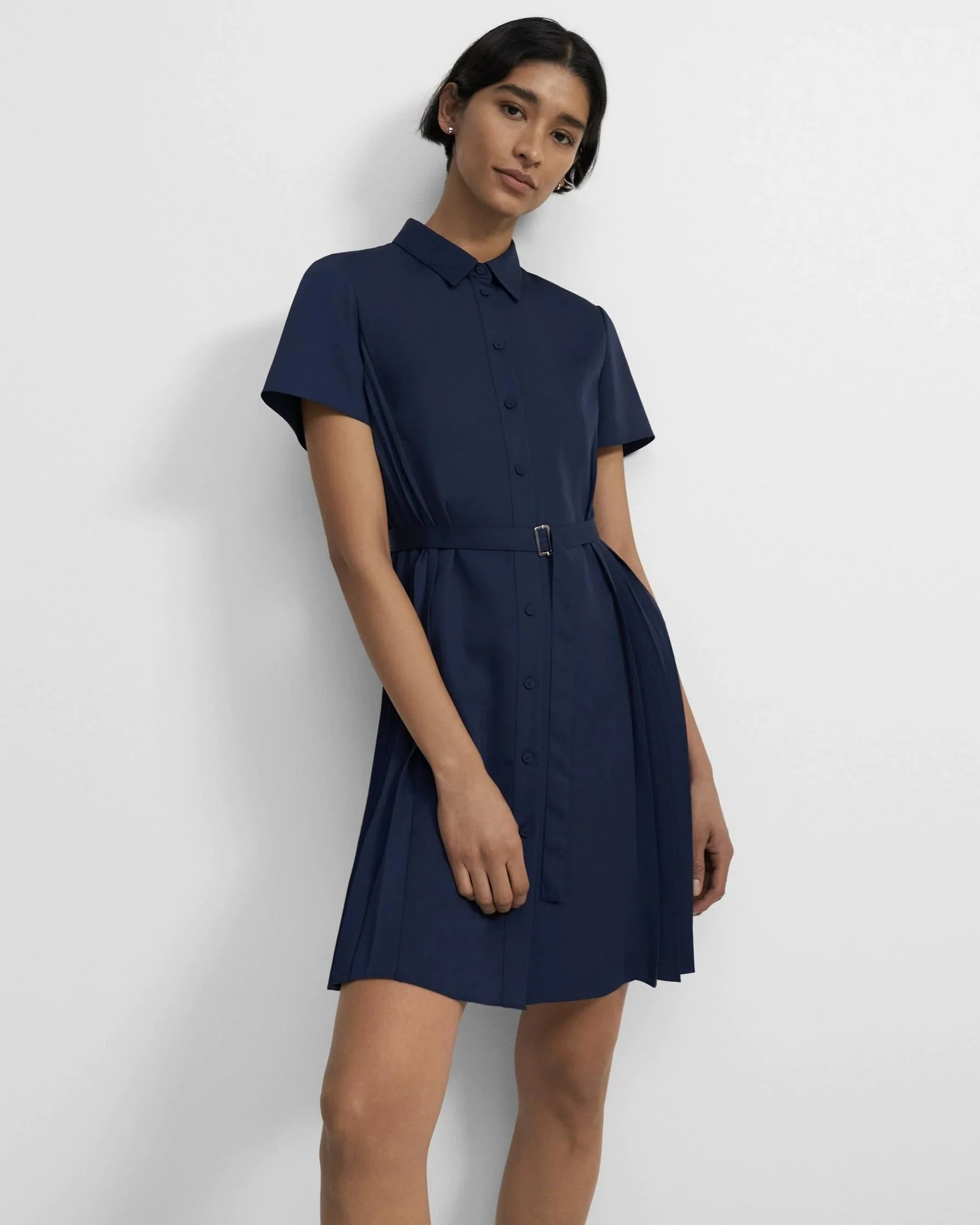Theory Pleated Short-Sleeve Shirtdress in Satin Crepe