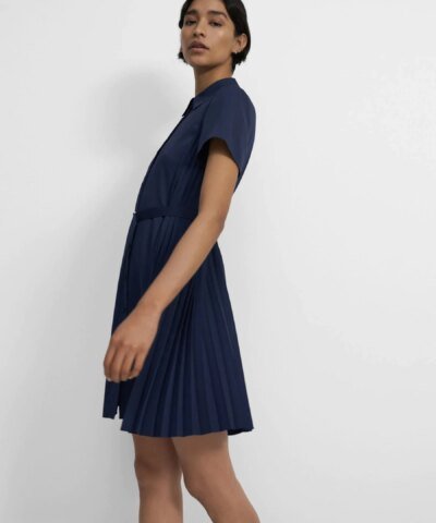 Theory Pleated Short-Sleeve Shirtdress in Satin Crepe