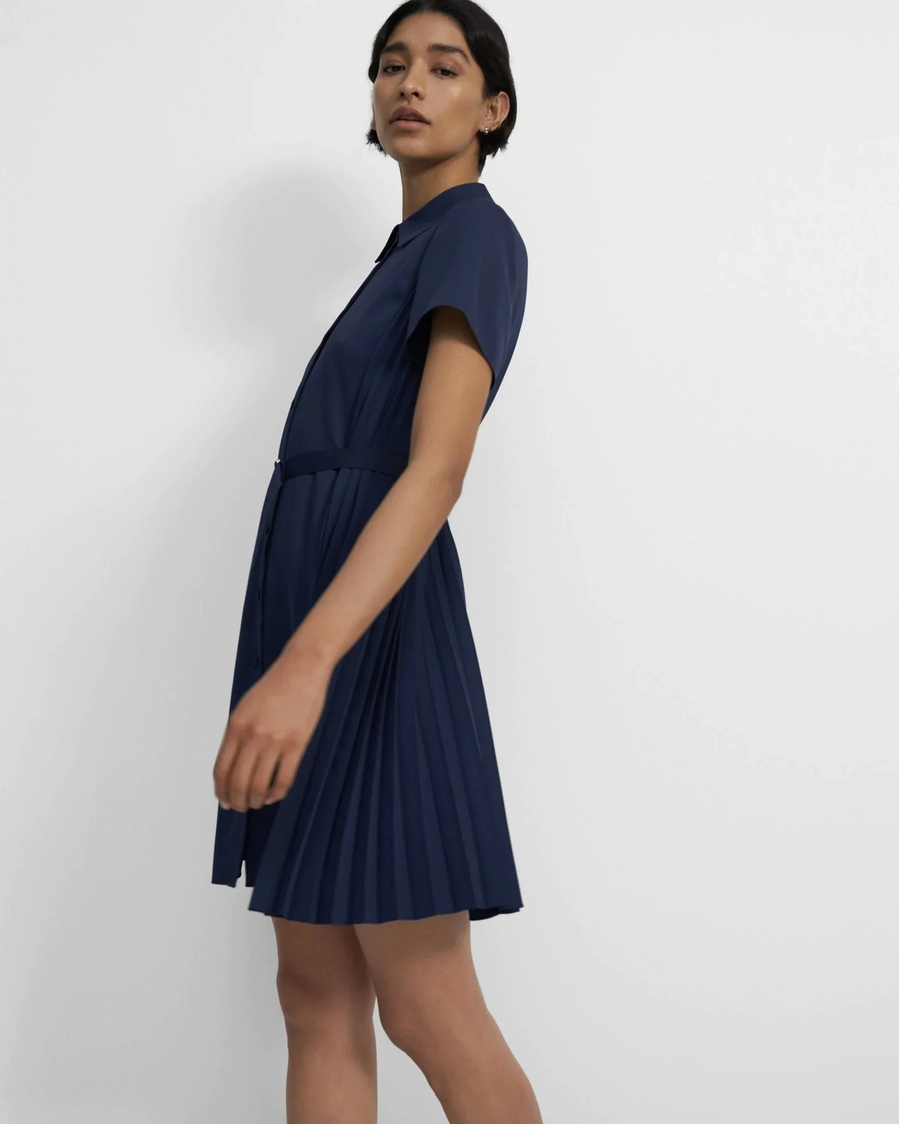 Theory Pleated Short-Sleeve Shirtdress in Satin Crepe