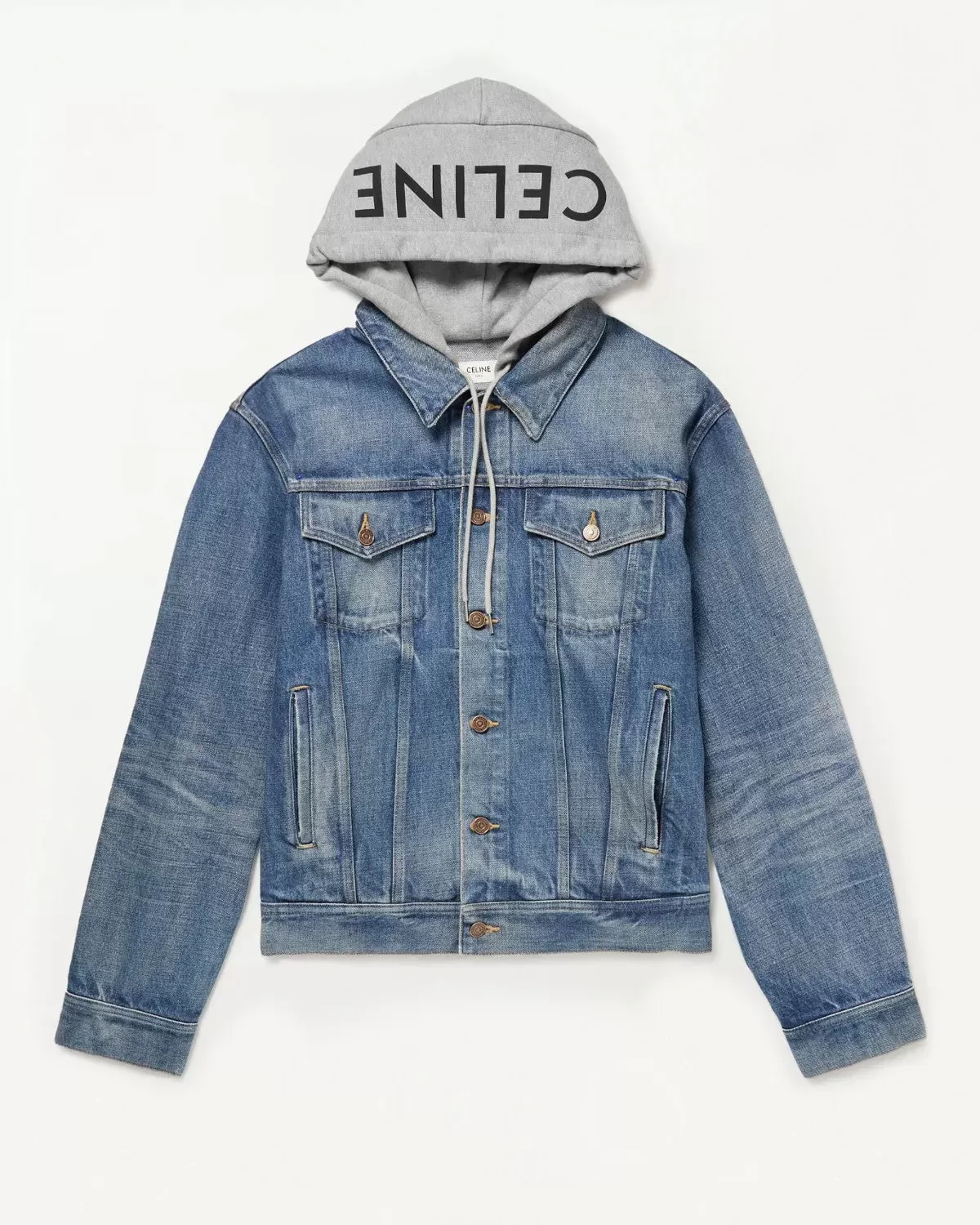 Celine Layered Logo-Print Cotton-Jersey and Denim Hooded Jacket