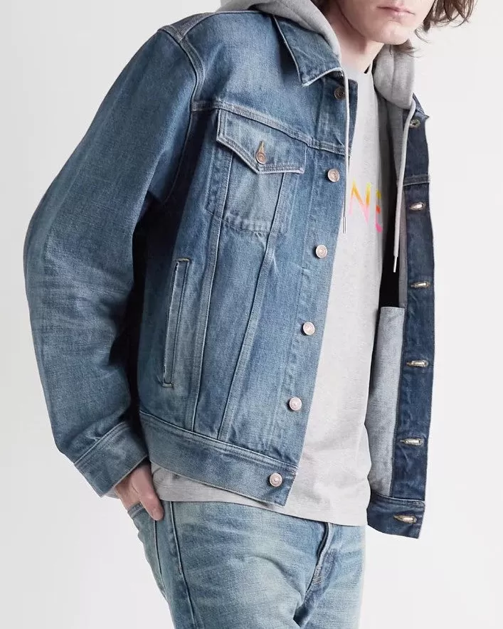 Celine Layered Logo-Print Cotton-Jersey and Denim Hooded Jacket