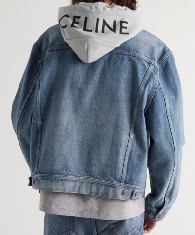 Celine Layered Logo-Print Cotton-Jersey and Denim Hooded Jacket