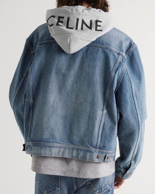 Celine Layered Logo-Print Cotton-Jersey and Denim Hooded Jacket