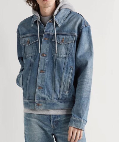 Celine Layered Logo-Print Cotton-Jersey and Denim Hooded Jacket