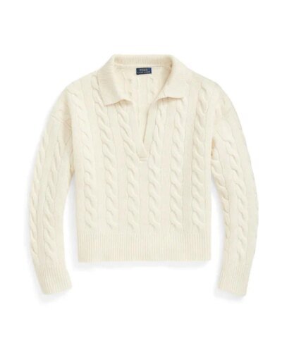 Polo Ralph Lauren Cable-Knit Wool-Cashmere Polo Sweater In Beige