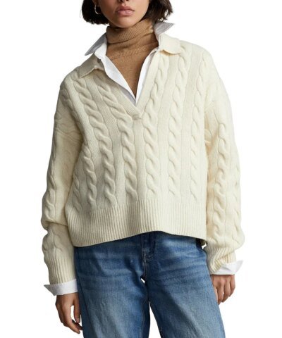 Polo Ralph Lauren Cable-Knit Wool-Cashmere Polo Sweater In Beige
