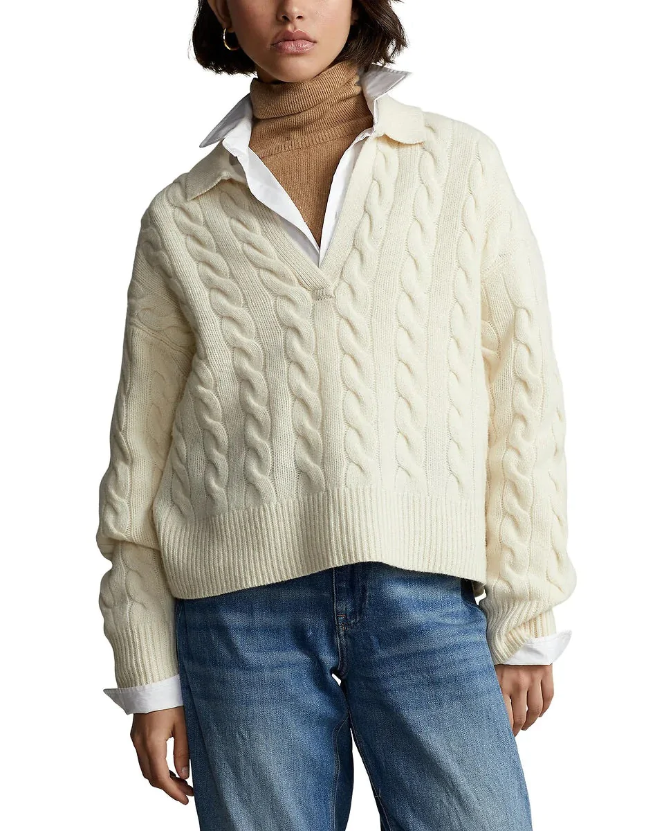 Polo Ralph Lauren Cable-Knit Wool-Cashmere Polo Sweater In Beige