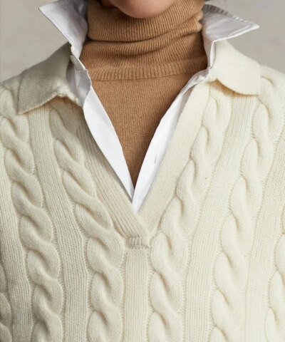 Polo Ralph Lauren Cable-Knit Wool-Cashmere Polo Sweater In Beige