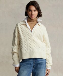 Polo Ralph Lauren Cable-Knit Wool-Cashmere Polo Sweater In Beige
