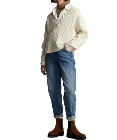 Polo Ralph Lauren Cable-Knit Wool-Cashmere Polo Sweater In Beige