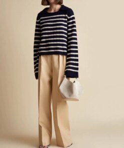 Khaite Navy and Butter Mateo Striped Cashmere Polo Sweater