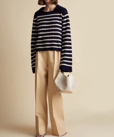 Khaite Navy and Butter Mateo Striped Cashmere Polo Sweater