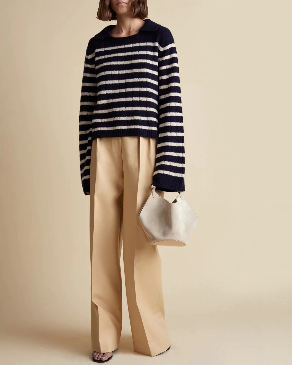 Khaite Navy and Butter Mateo Striped Cashmere Polo Sweater