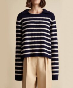 Khaite Navy and Butter Mateo Striped Cashmere Polo Sweater