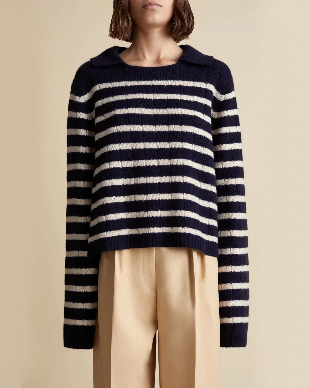 Khaite Navy and Butter Mateo Striped Cashmere Polo Sweater