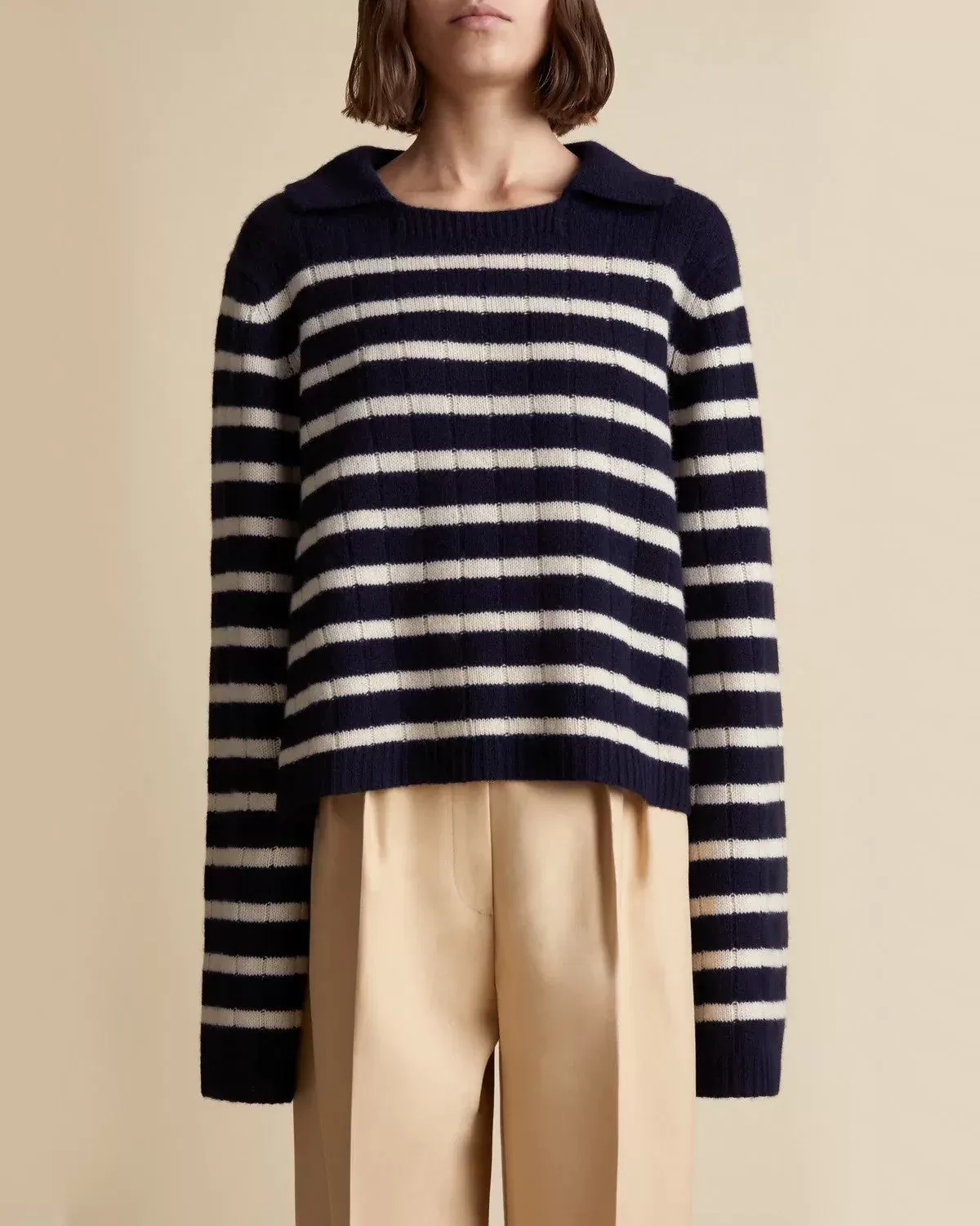 Khaite Navy and Butter Mateo Striped Cashmere Polo Sweater