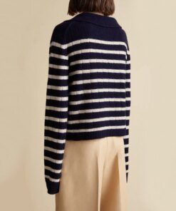 Khaite Navy and Butter Mateo Striped Cashmere Polo Sweater