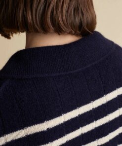 Khaite Navy and Butter Mateo Striped Cashmere Polo Sweater