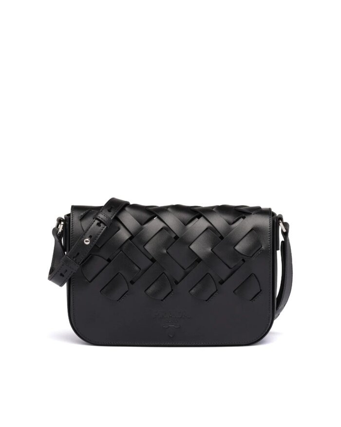 Prada Leather Shoulder Bag With Large Woven Motif