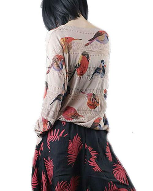 Women's Spring Bird Printing Hollow Knitting Shirt
