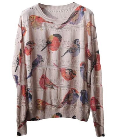 Women's Spring Bird Printing Hollow Knitting Shirt