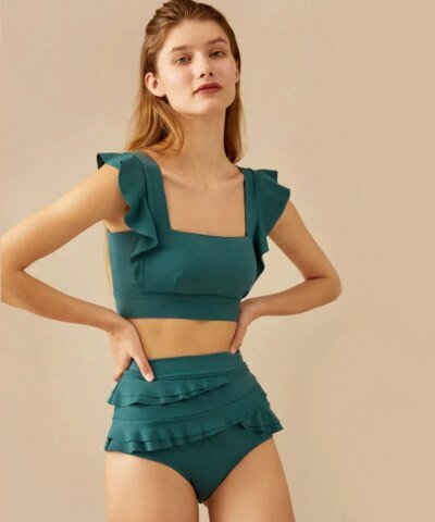 Visual Mood Serena Ruffled Bikini Set - Hunter Green