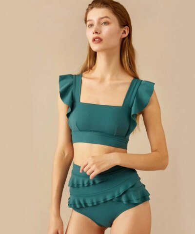 Visual Mood Serena Ruffled Bikini Set - Hunter Green