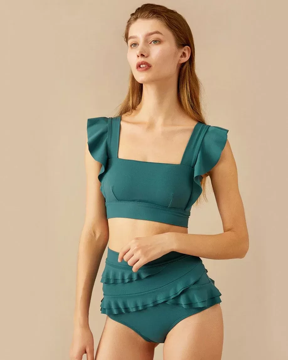 Visual Mood Serena Ruffled Bikini Set - Hunter Green