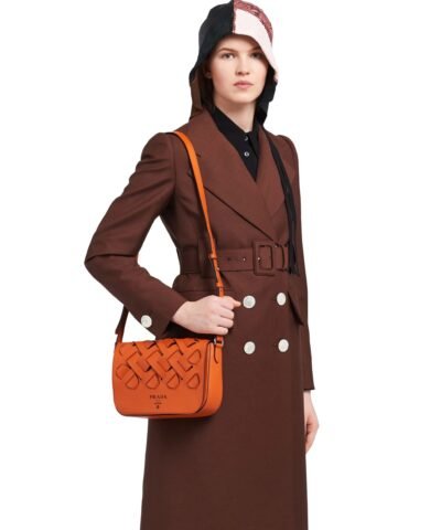 Prada Leather Shoulder Bag With Large Woven Motif