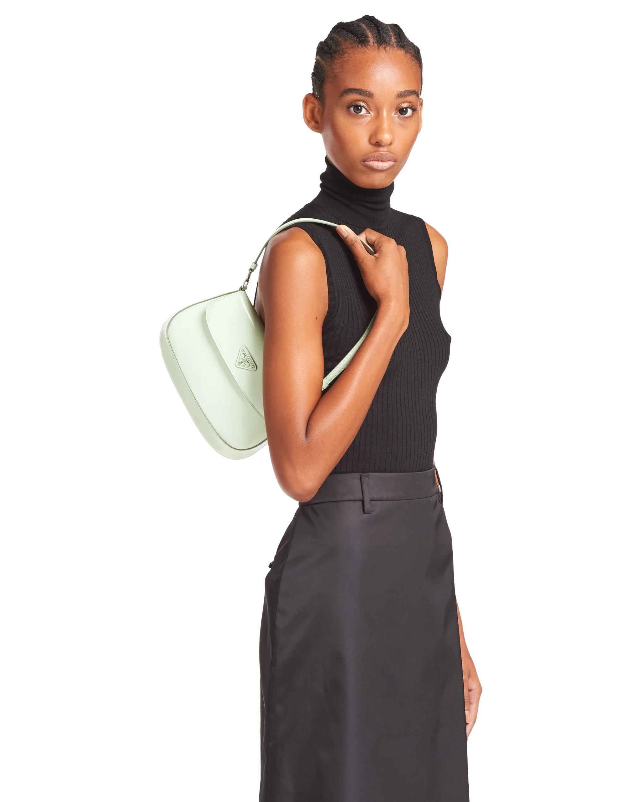 Prada Cleo Brushed Leather Shoulder Bag With Flap, Aqua