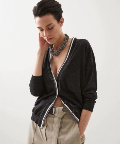 Brunello Cucinelli Cashmere Cardigan With Shiny Contrast Trim