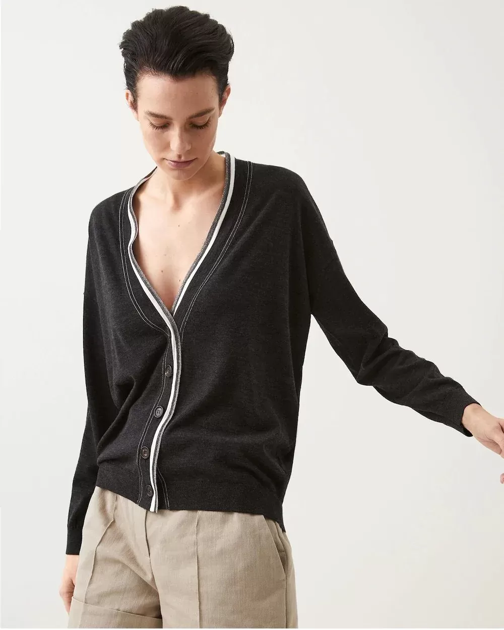 Brunello Cucinelli Cashmere Cardigan With Shiny Contrast Trim