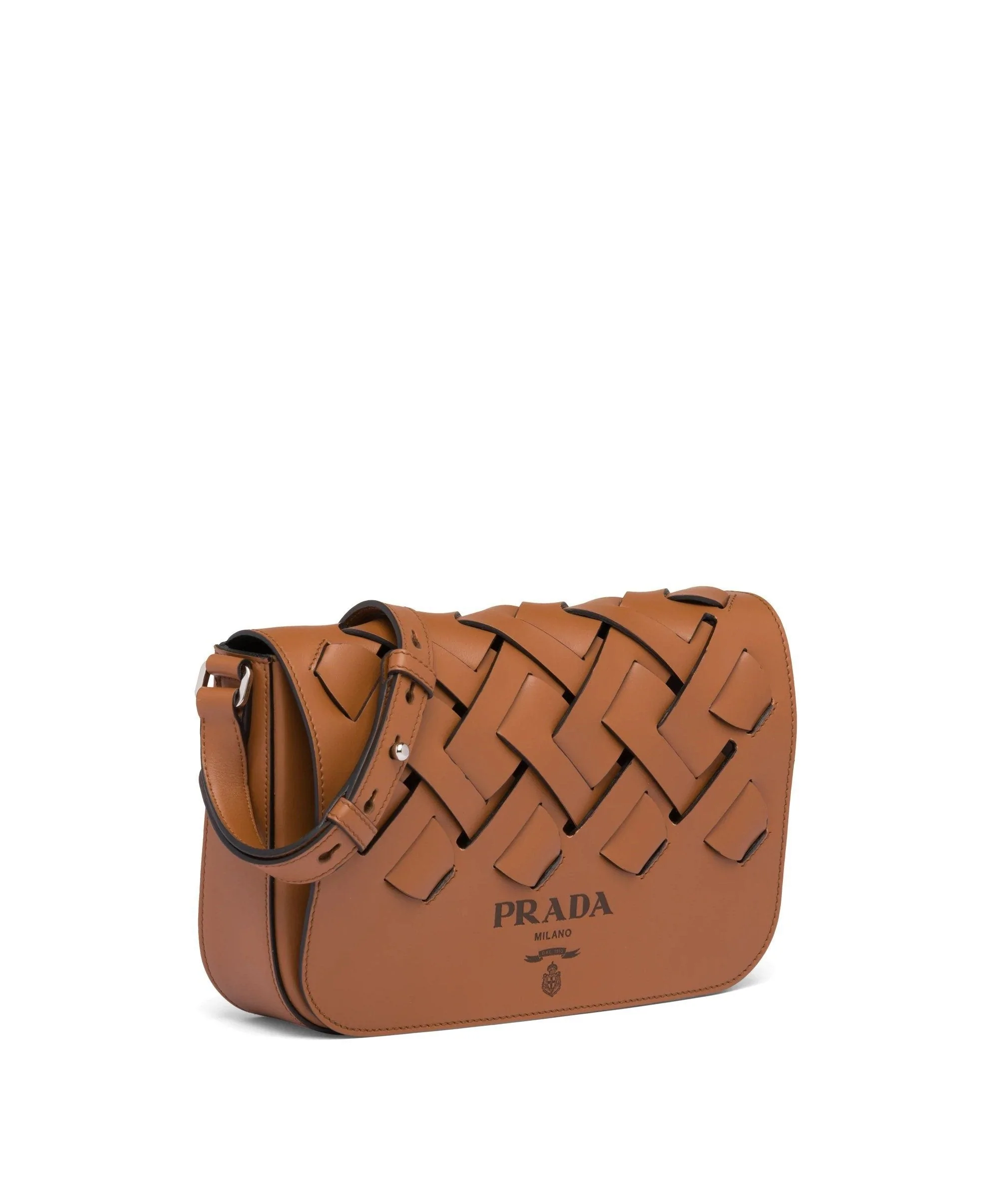 Prada Leather Shoulder Bag With Large Woven Motif