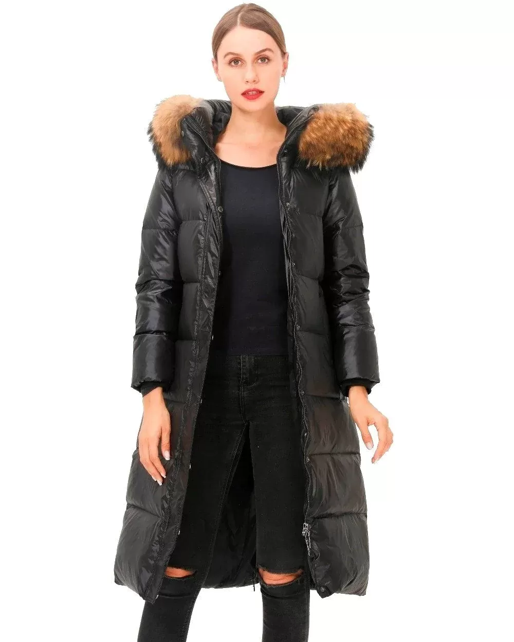 Simplee Hooded Faux Fur Trim Puffer Coat