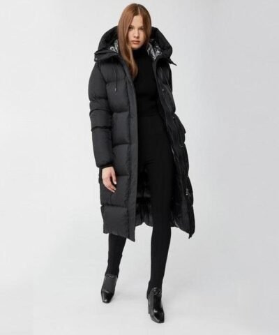 Mackage Eliane Foil Shield Maxi Down Coat With Pillow Collar In Black