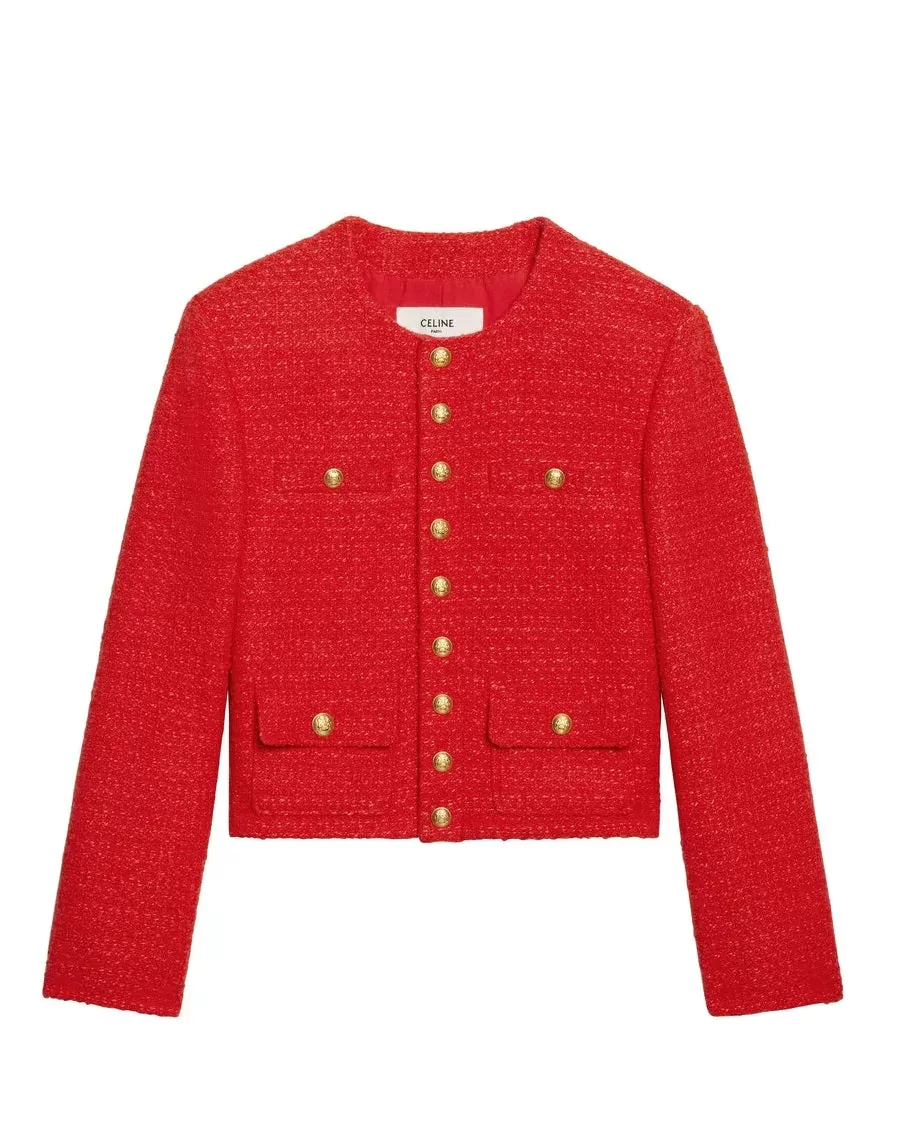 Celine "Chasseur" Jacket In Braided Bouclé Tweed Red