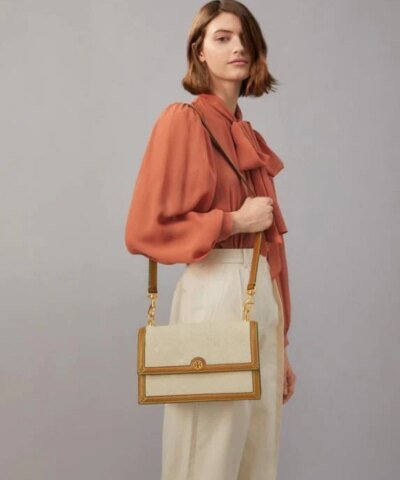 Tory Burch T Monogram Canvas Shoulder Bag In Natural